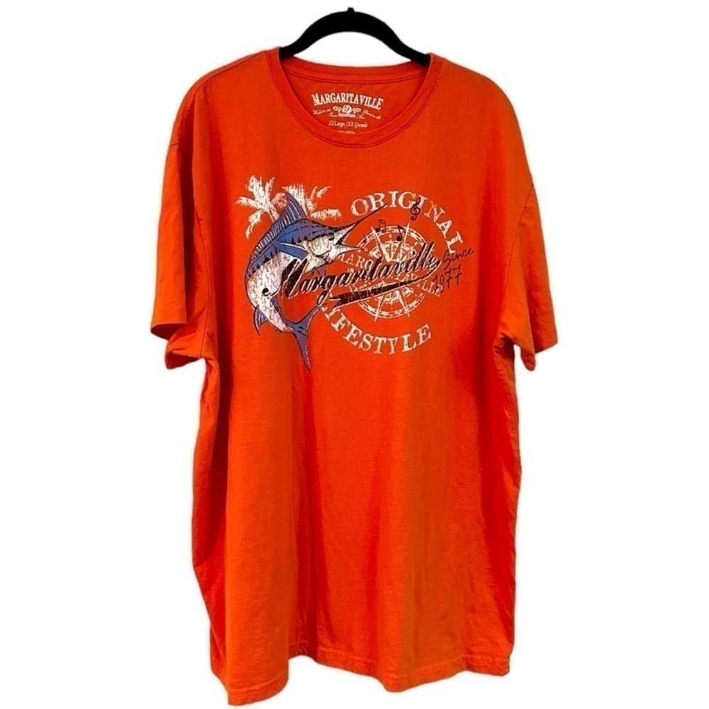 MARGARITAVILLE, MENS ORANGE, ORIGINAL LIFESTYLE T-SHIRT WITH SWORDFISH. SIZE XXL